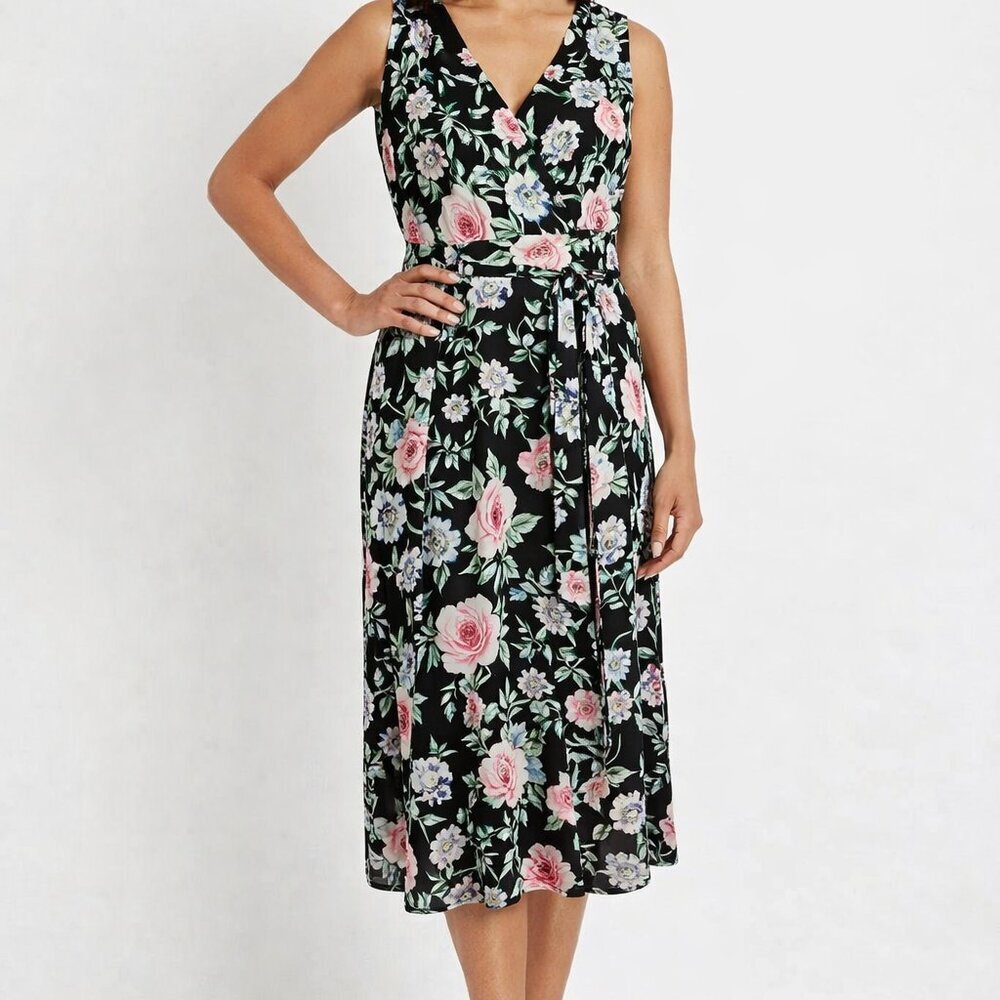 Karen Kane Black Floral Bloom Sleeveless Elastic Waist Side Zip Midi Dress Sz 12